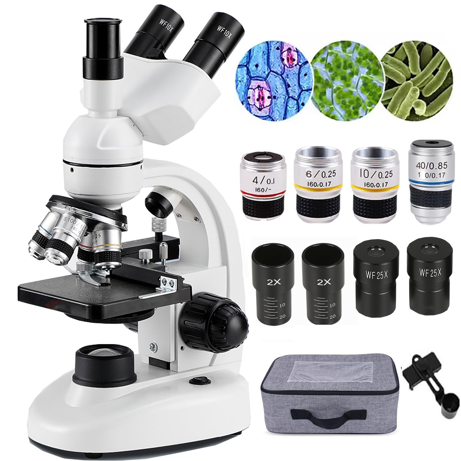 Microscopio óPtico Profesional 2000X / 5000X, Microscopio Trinocular para Estudiantes De Primaria Y Secundaria, Lentes Objetivos 4X, 10X, 40X, 6X/100X, con Soporte para TeléFono MóVil,2000X