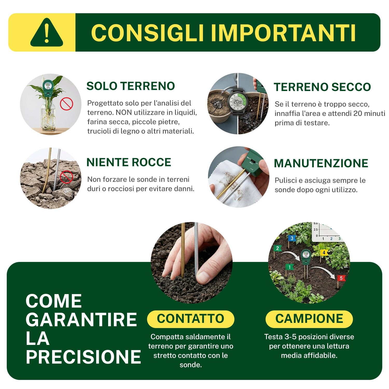 Misuratore di Terreno 3 in 1 per Casa e Giardino: Tester Semplice per PH, umidità e Nutrimento - Sensore per Piante Senza Batterie - Pratico Aiuto per Fiori, Vasi e Orto Domestico