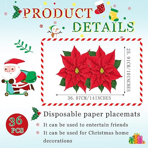 Miniatura 2 de 36 manteles individuales de papel navideño con diseño de flor de pascua, muñeco de nieve de Navidad para decoración del hogar, mesa de Navidad