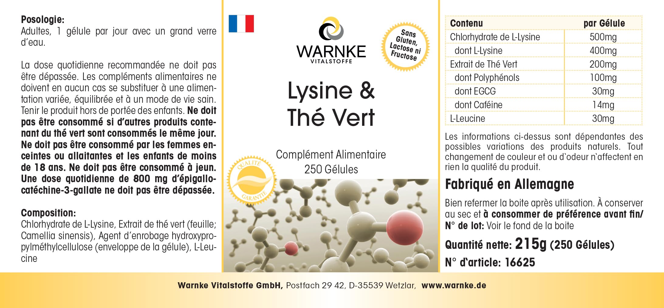 L-lisina e tè verde - 250 capsule - polifenoli - EGCG - caffeina - vegano e ad alto dosaggio - confezione grande | Warnke Vitalstoffe - Qualità farmaceutica tedesca