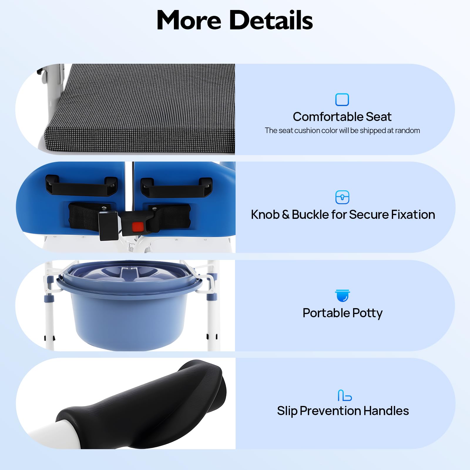 Silla Elevadora Hidráulica de Transferencia para Pacientes que Pueden Mantenerse Sentados, Altura Ajustable 42-60 cm, Carga 100 kg, Respaldo 180°, Ruedas con Freno, Ducha e Inodoro, Azul