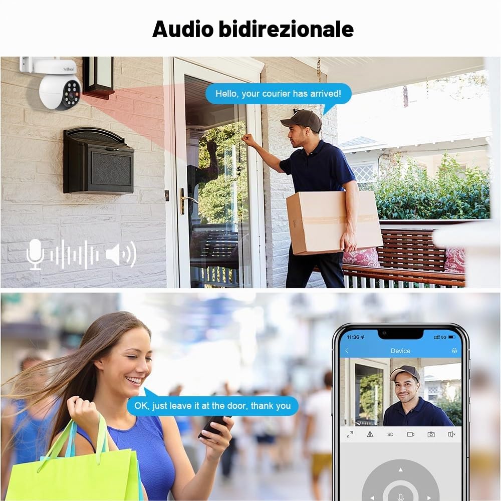 SRIHOME 5MP HD PTZ Telecamera di Sorveglianza, Rilevamento umano, Tracciamento del movimento, Allarme sonoro e luminoso, Audio bidirezionale, Uso esterno/interno