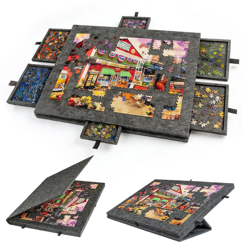 Mesa puzzle de 6 cajones, 1000 piezas, con soporte y tapa 2 en 1, negro