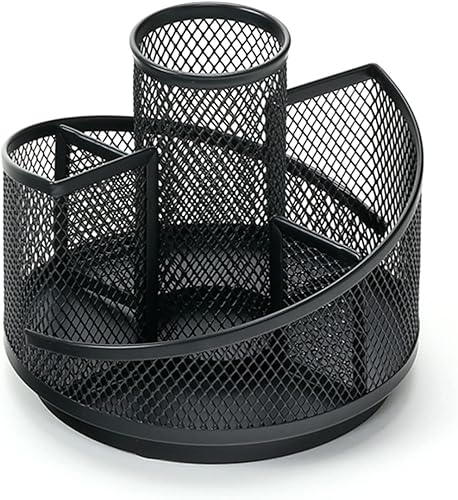 Miniatura 3 de Organizador de escritorio giratorio de malla, soporte de lápiz negro de metal, organizador de escritorio de 5 rejillas para suministros de arte de