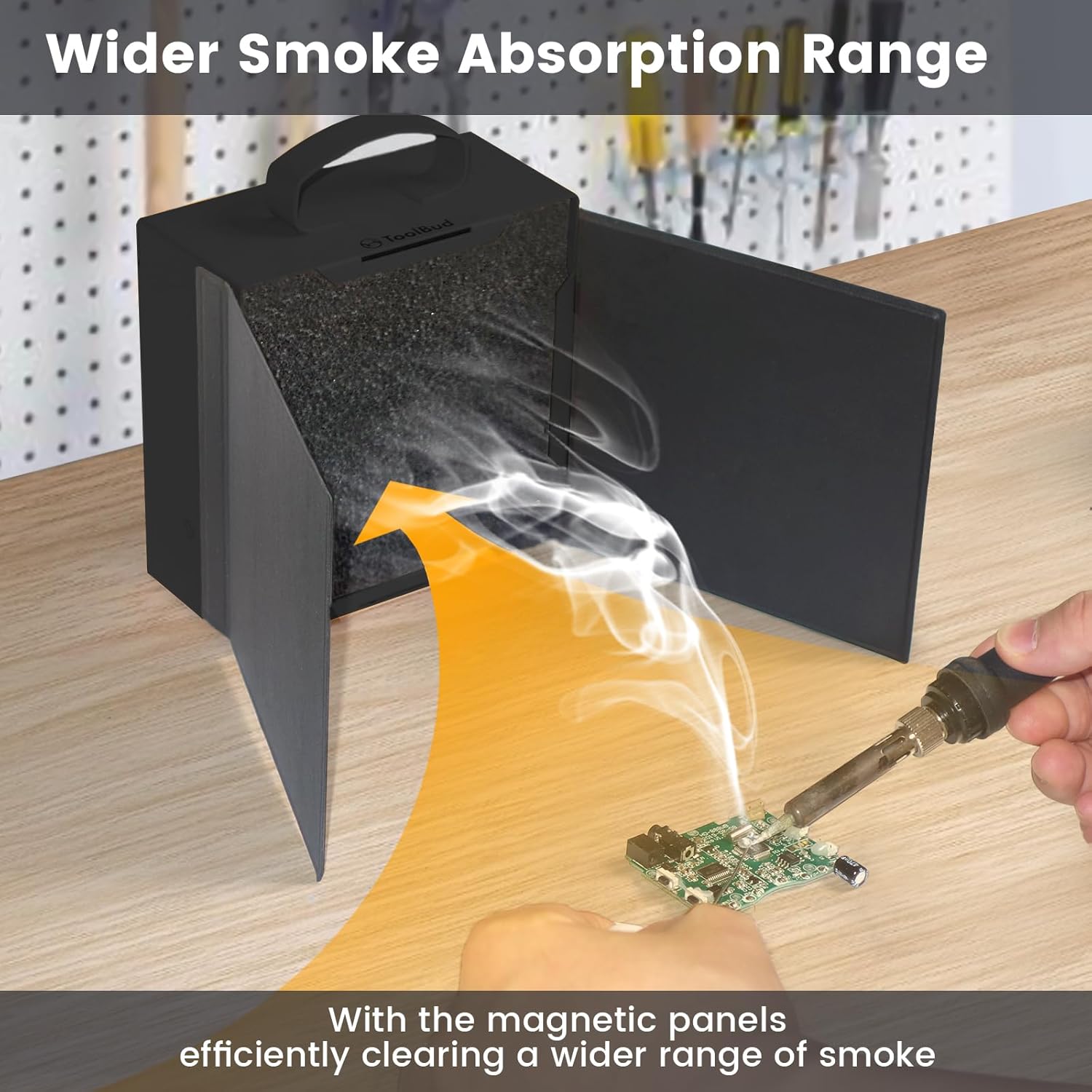 Upgraded ToolBud Solder Fume Extractor with Removable Magnetic Flaps | Portable, High-Efficiency Solder Smoke Absorber for Soldering, DIY, & Art | Compact Design for Clean Air (Black)