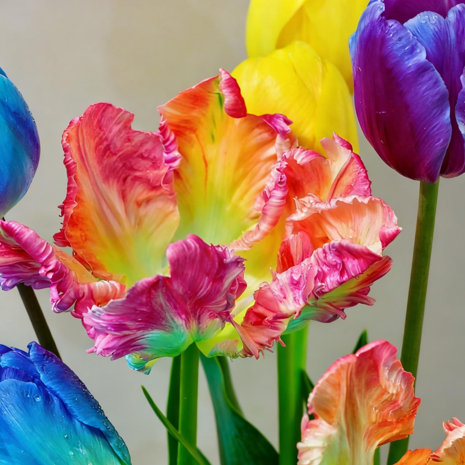 Multicolored Dutch Parrot Tulips, Easy to Maintain ＆ Easily Pollinated - Grow in Beds, Vase. ＆ Patio Pots, Excellent Display-15Bulbs-D