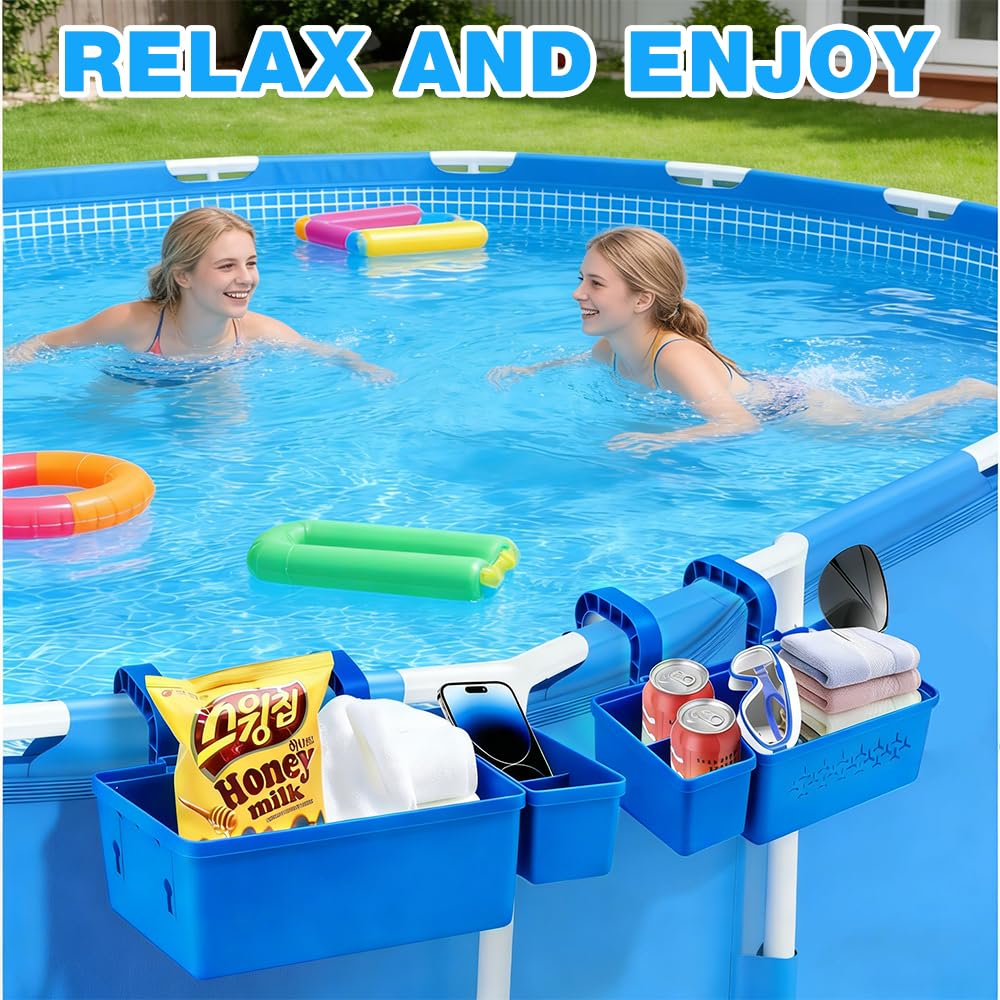 Cesta de almacenamiento para piscina, estante para colgar con soporte para bebidas de 2 piscinas, soporte para bebidas, piscina para colgar para piscina sobre el suelo, cesta organizadora para
