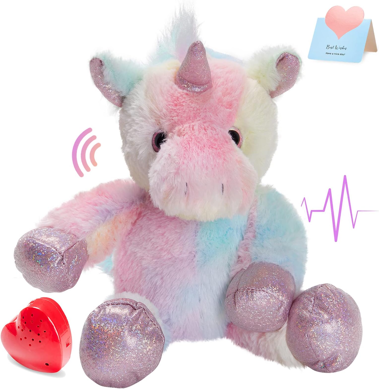 12.5" Recordable Heartbeat Stuffed Unicorn,Voice Recorder Unicorn Plush Toy Stuffed Animal with Voice Messages Recorder Playback Your Words Gifts for Kids Birthday Children's Day