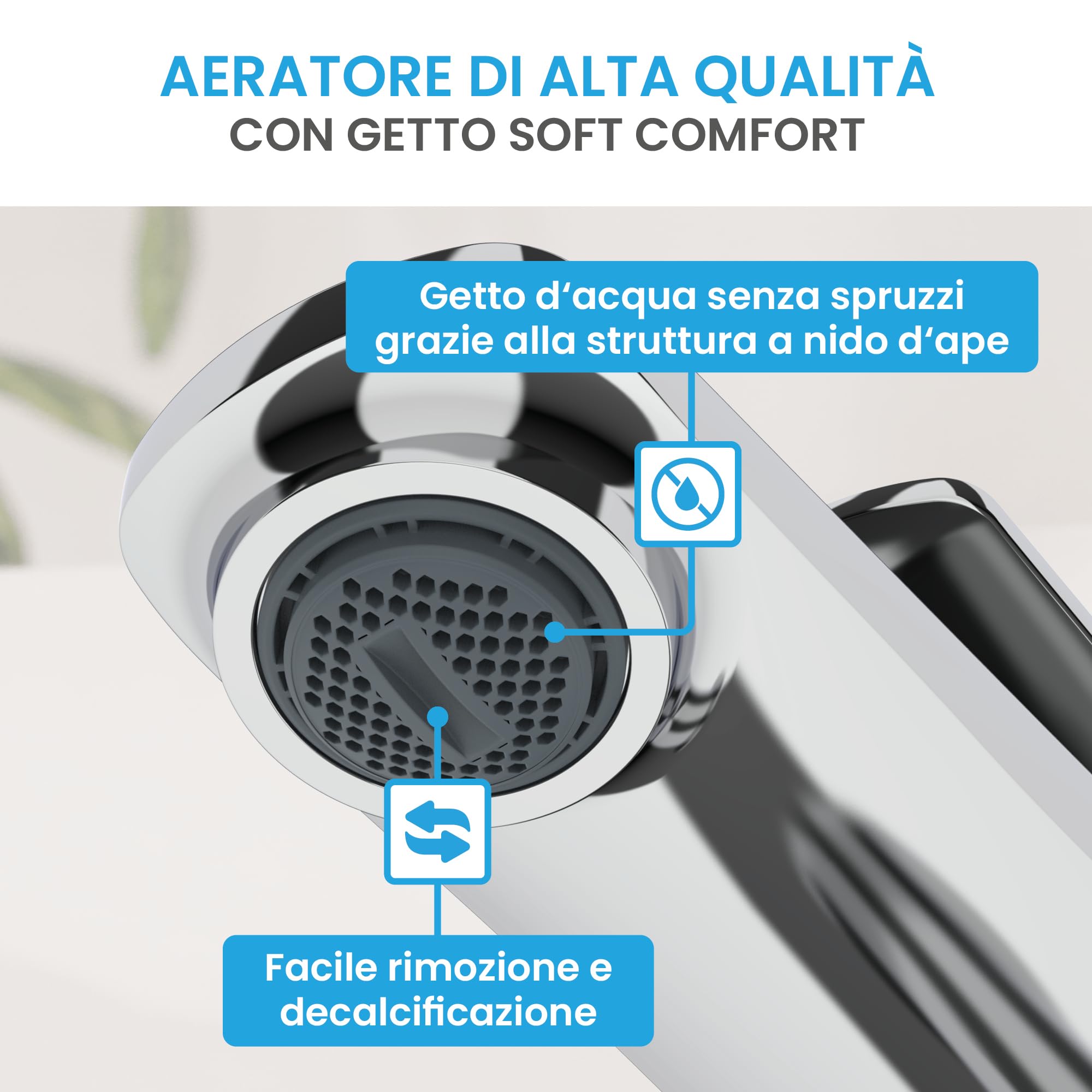 Bächlein Rubinetto da bagno Aldeya dal design moderno, miscelatore monocomando con cartuccia in ceramica durevole e kit di montaggio, rubinetto da bagno cromato