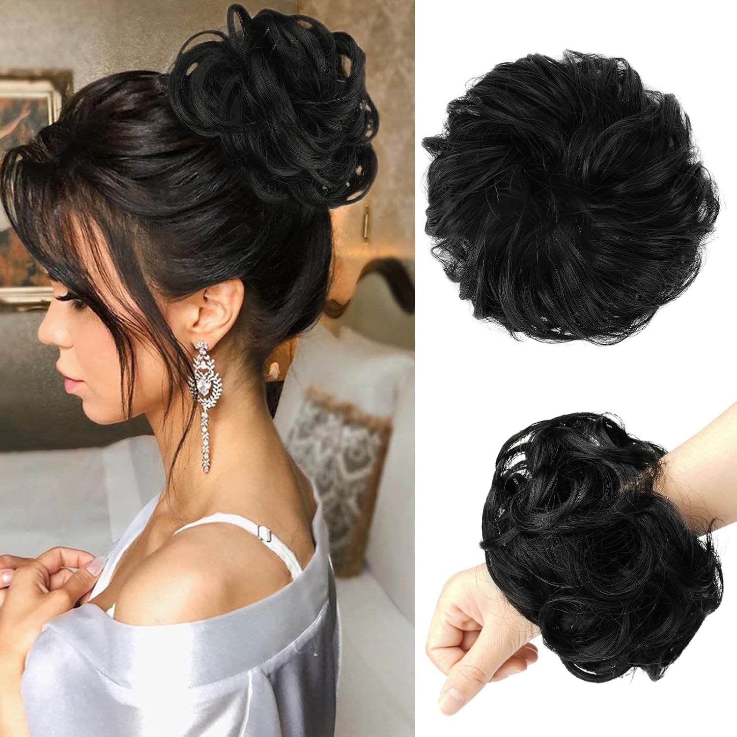 Messy Hair Bun Hair Pieces Wavy Curly Large Hair Bun Scrunchies Extensions Synthetic Tousled Updo Hairpieces for Women Girls, 1.94oz - Black 1 piece-image-28