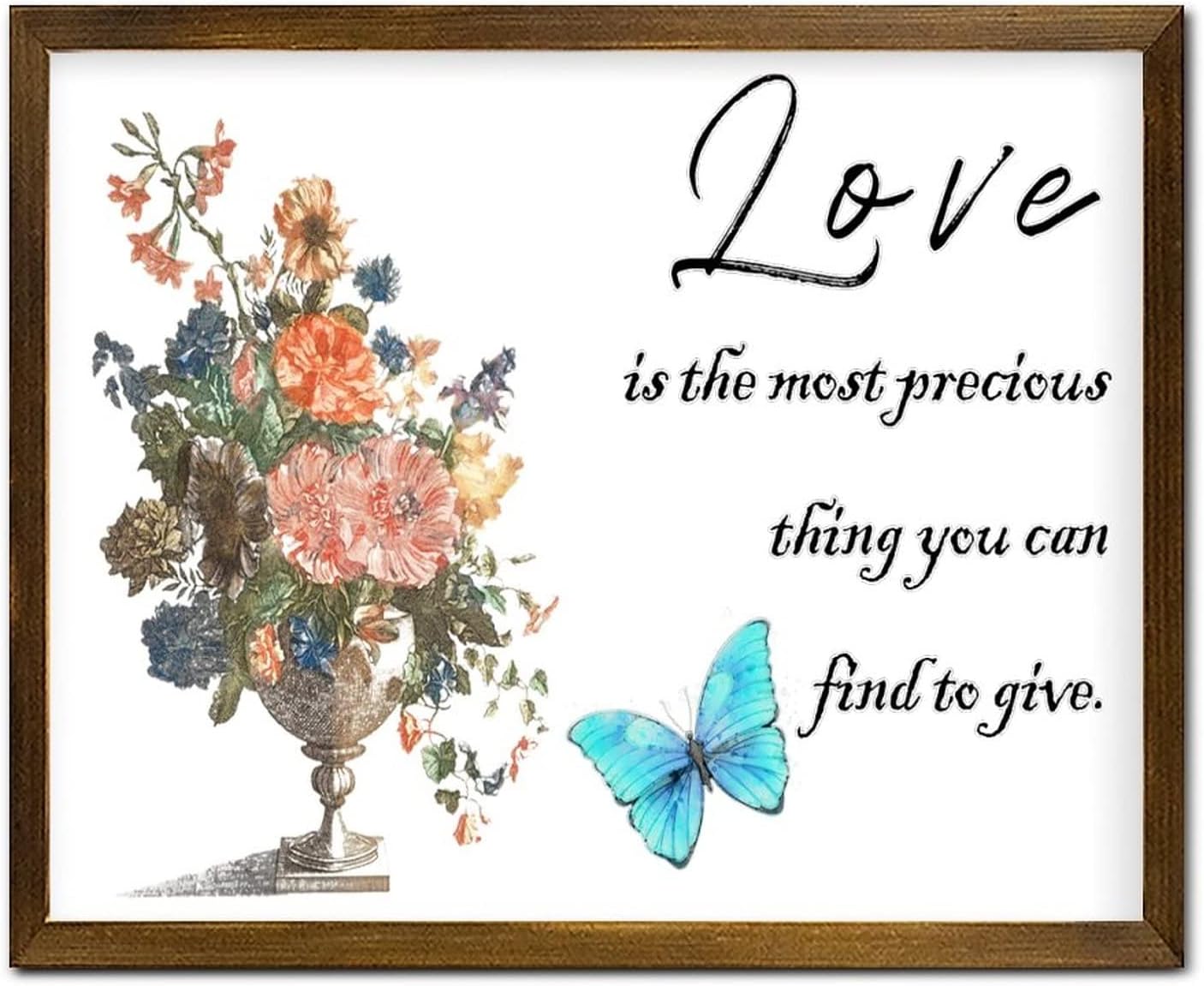 Love is The Most Precious Thing You Can Find to Give Framed Wood Sign Butterfly Peony Flower Kettle Wall Art Signs Classic Blossom Floral Home Family Wall Decoration for Living Room Home 16x20 Inch