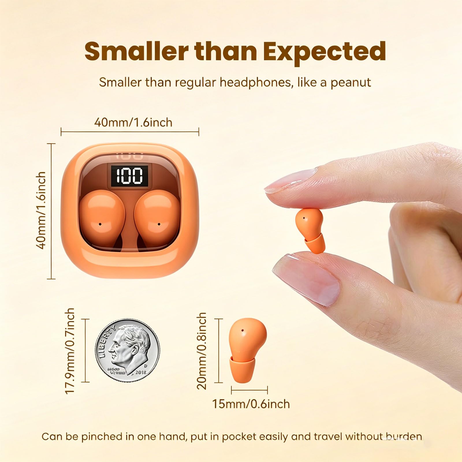 Mini auriculares invisibles naranjas para dormir de lado, pequeños canales de oídos, inalámbricos, Bluetooth, perfil bajo, los más pequeños, disueltos, pequeños, microdiscretos, para el trabajo