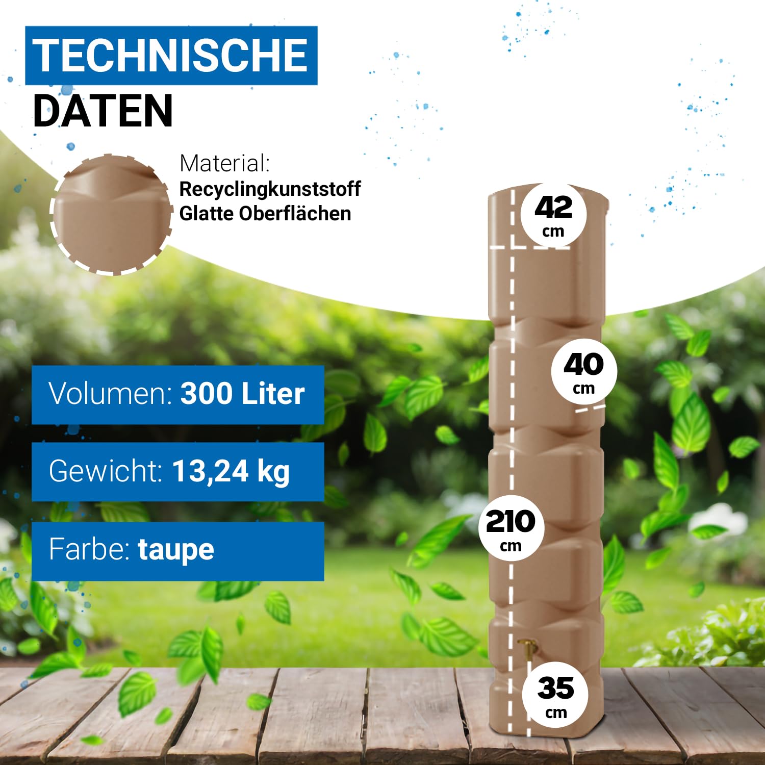 4rain Basic Regentonne Set 300 Liter Taupe Wassertonne | mit Kunststoff-Auslaufhahn Fallrohranschluss Regenwassertank Wassertank für Garten Regenfass Regenwassertonne Wasserbehälter