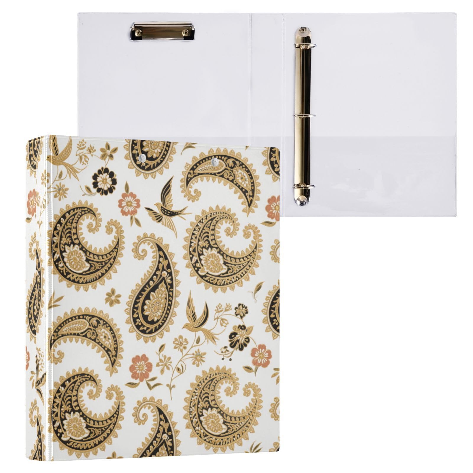 Boho Paisley kwiat ptak złoty biały segregator 3.5 cm trzy pierścienie segregatory do notatników z kieszonką 2-pak segregator biurowy 200 arkuszy