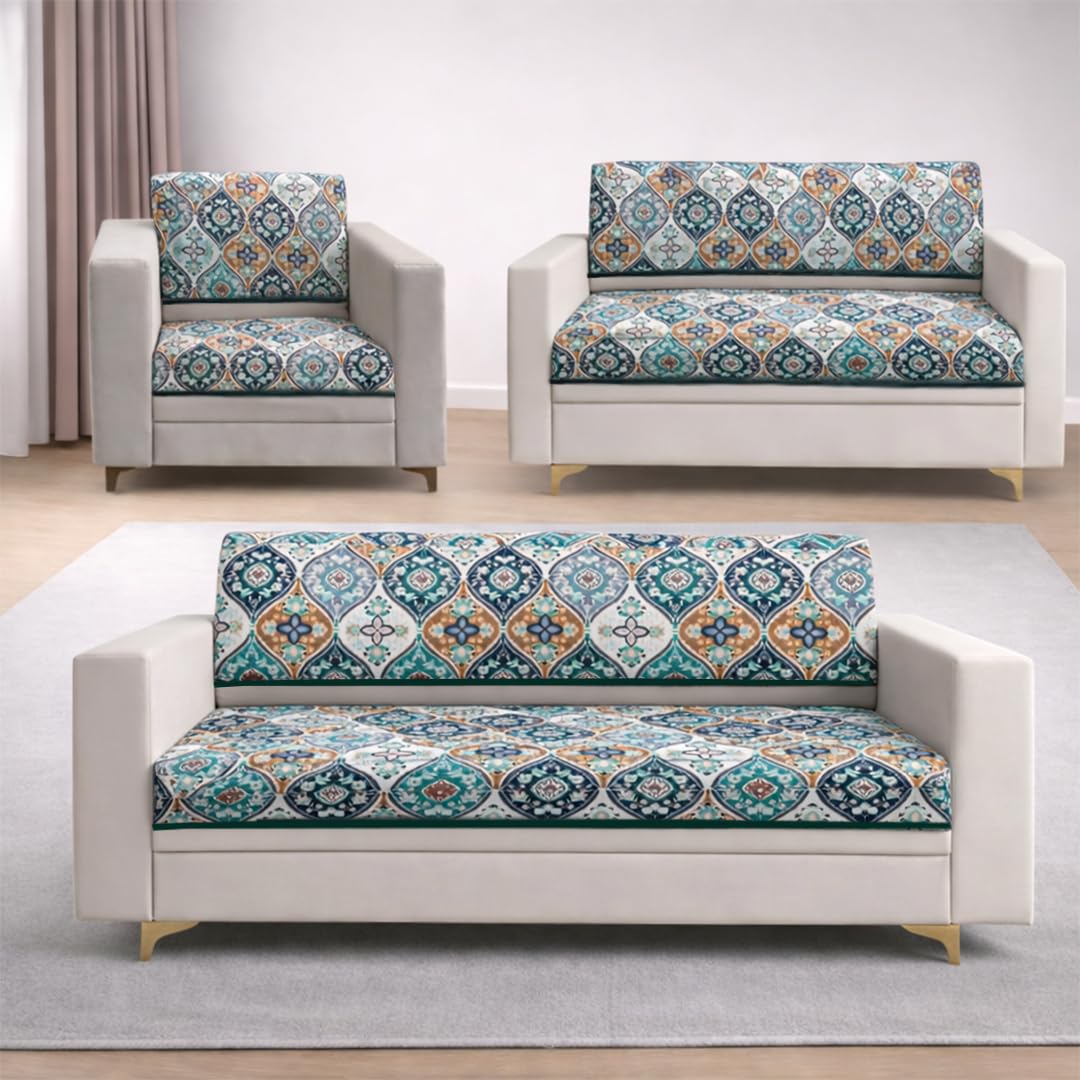 Homerz Premium 6 (3+2+1) Seater Velvety Sofa Cover Panel – Super Soft & Non-Slip (Green Rangoli, 6 (3+2+1) Seater with Back)-image-25
