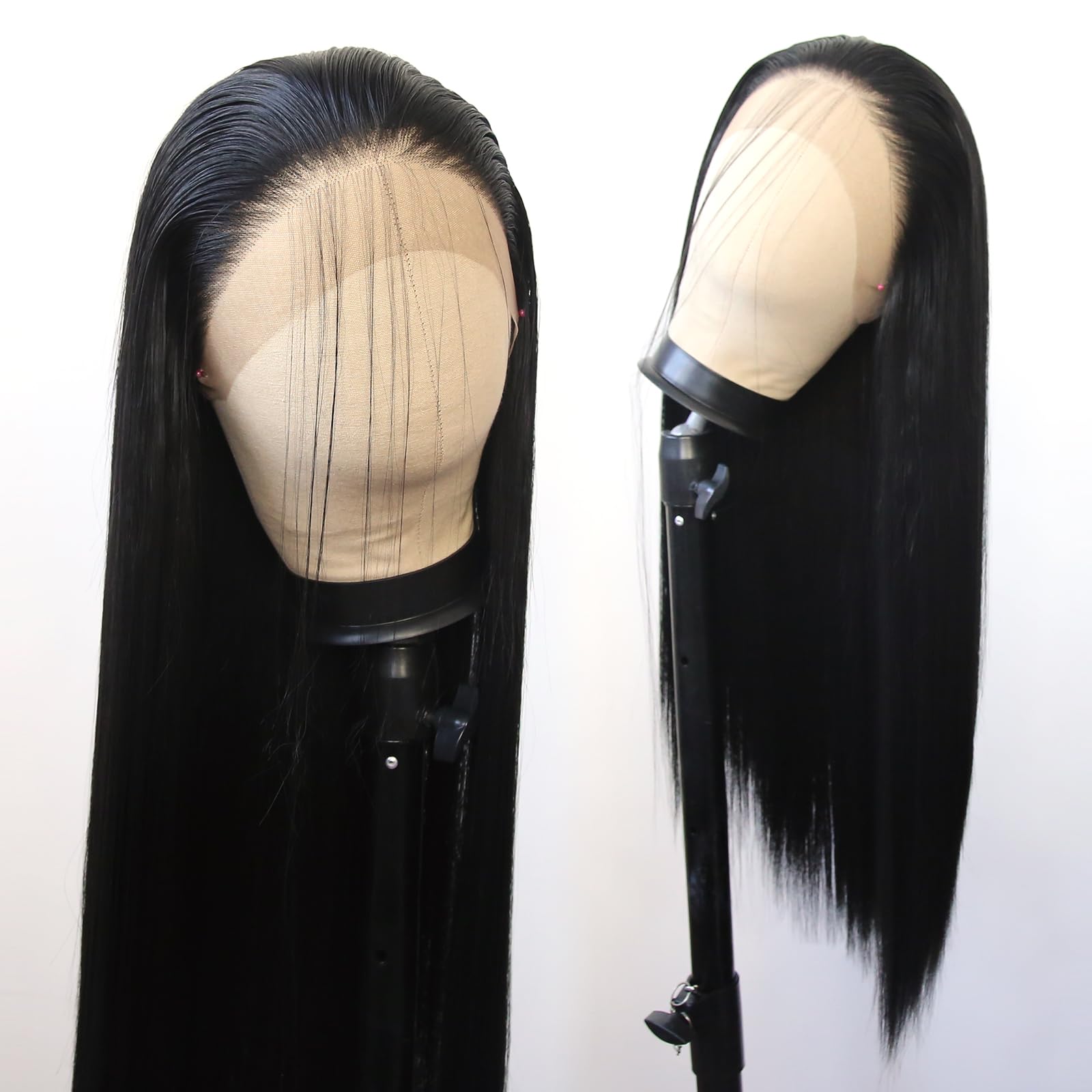 BTWTRY Black Synthetic Lace Front Wig Long Straight Jet Black Lace Front Synthetic Wig Pre Plucked Natural Hairline Glueless Heat Resistant Fiber Hair