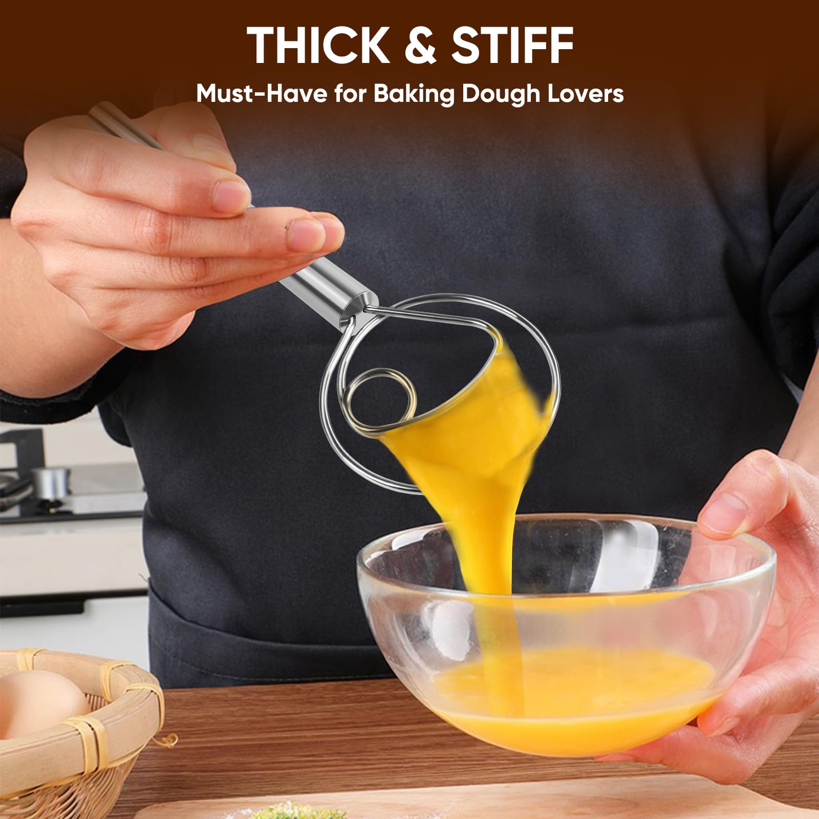 Maxjoy Batidor de masa danés, batidor de pan con gancho de acero inoxidable, batidor tradicional holandés, herramienta manual mezcladora de masa y herramientas y suministros para hacer pan de masa