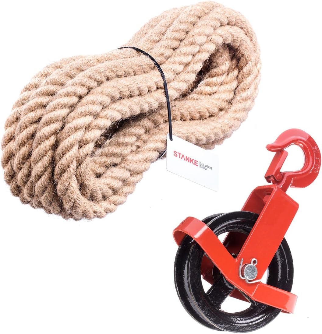 Seilwerk STANKE 125 mm Pulley Block with A Hook + Jute Rope 40 m (131 ft.) 8 mm Turnstile Winch