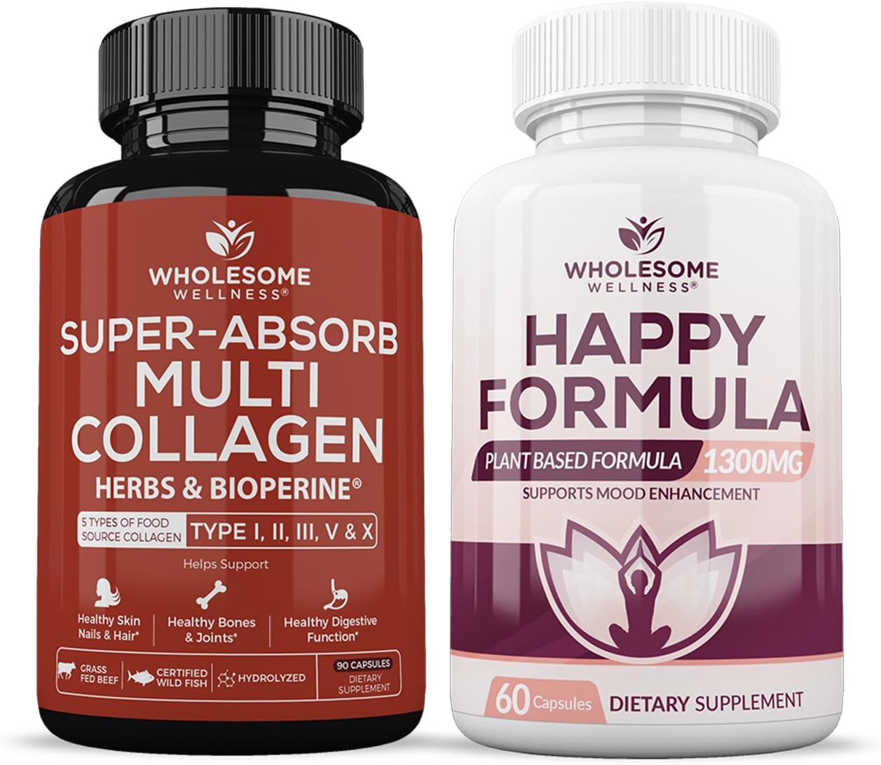 Wholesome Wellness Super-Absorb Multi Collagen Pills (Type I II III V X) Organic Herbs and Bioperine Happy Formula Natural Formula Relief Supplement Bundle Wholesome Wellness Super-Absorb Multi Collagen Pills (Type I II III V X) Organic Herbs and Bioperine Happy Formula Natural Formula Relief Supplement Bundle