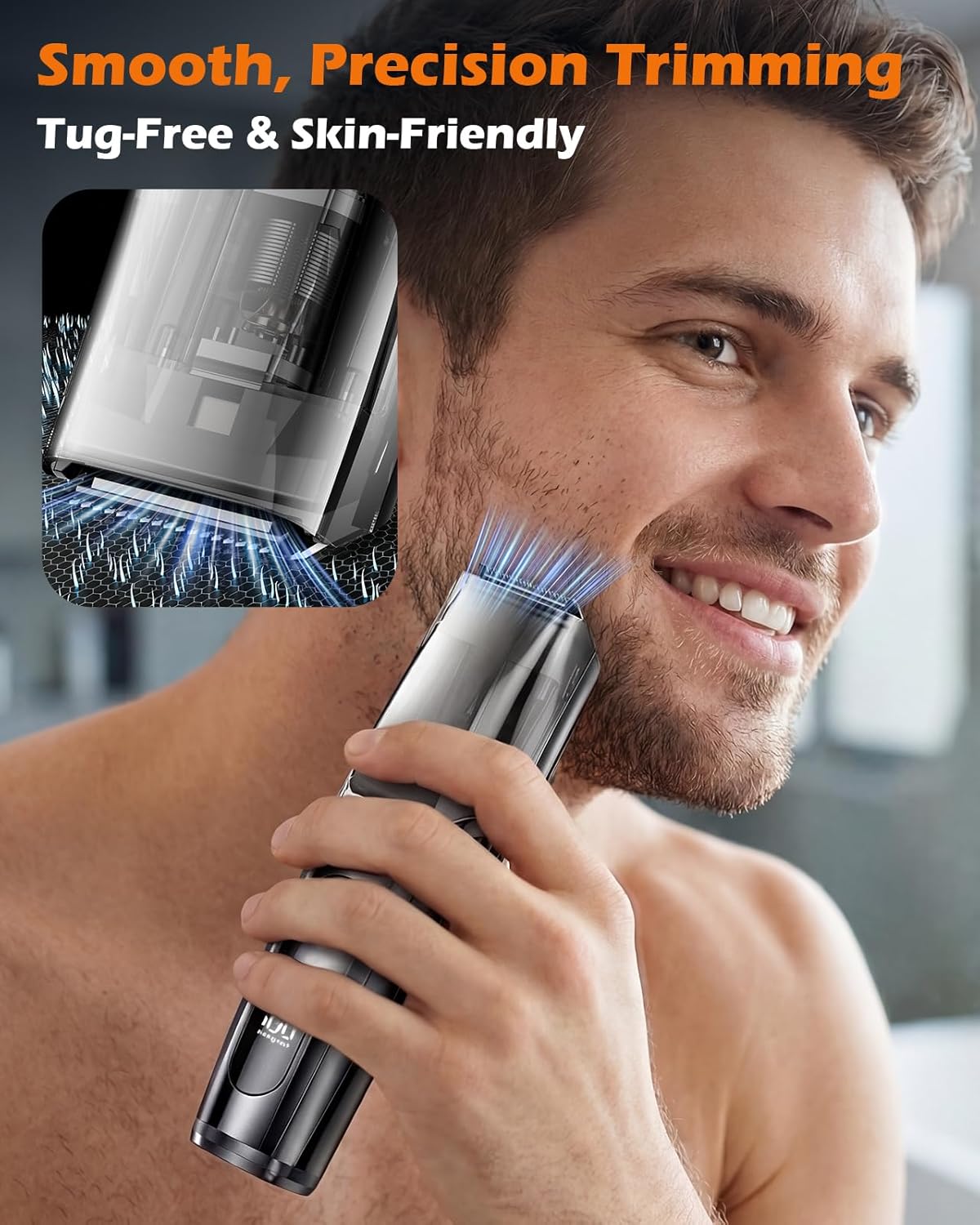 Advanced Vacuum Beard Trimmer for Men: Vacuum Mustache Trimmer with Precision Knob, Adjustable 20mm Length Settings, 2 Combs, IPX6 Waterproof-Rechargeable Vacuum Trimmer for Beard, Black