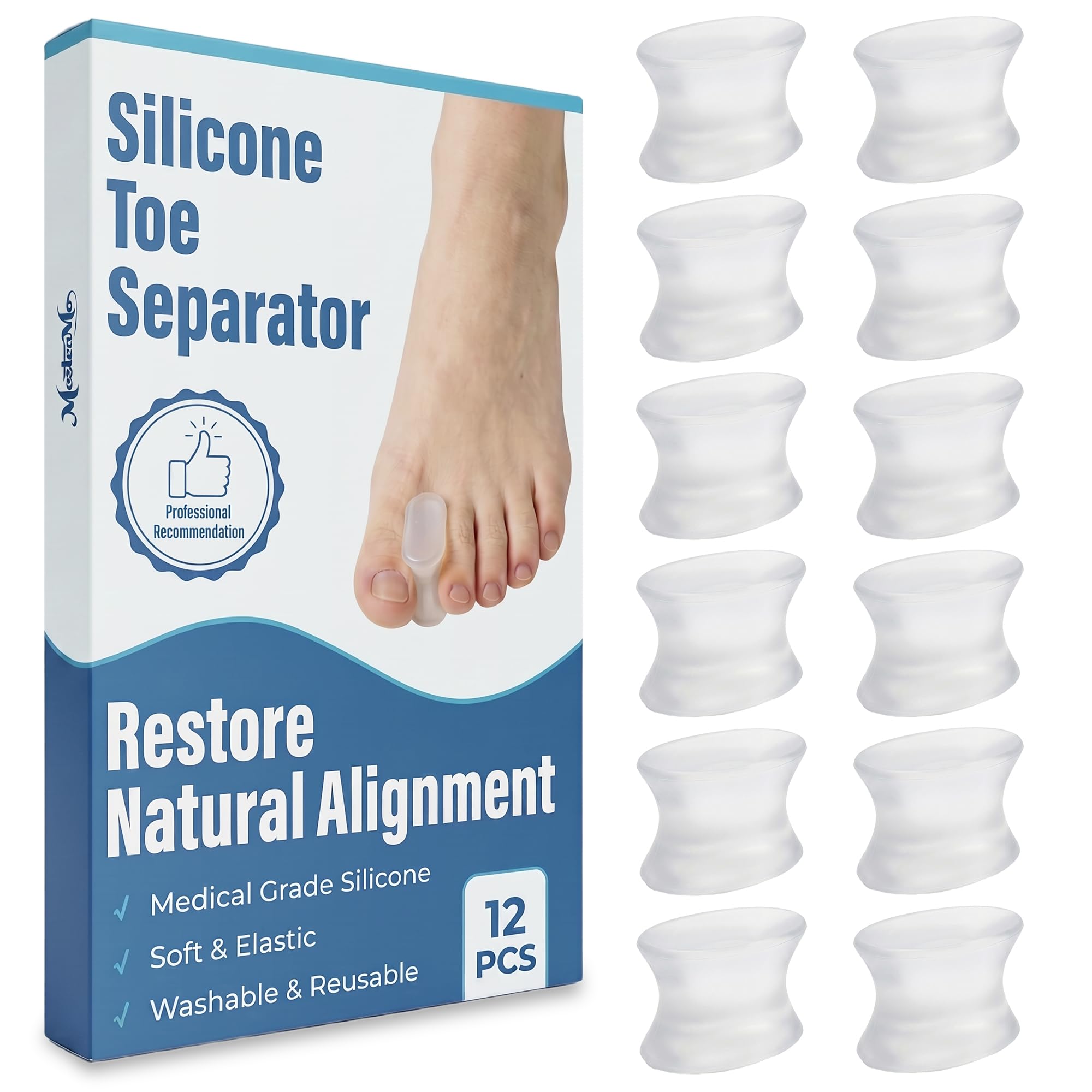 Photo 1 of 12 Pack Gel Toe Separators & Spacers - Aloe Infused Bunion Pads for Overlapping Toes, Hammer Toes & Big Toe Alignment - Medical Grade Toe Straightener for Men & Women, Transparent & Washable (S)