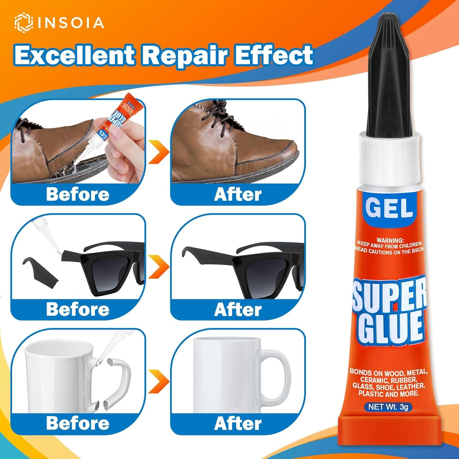 Super Glue Gel Clear Non-Drip, 6 X 3g All Purpose Strong Adhesive Ca Glue Quick Dry Instant Glue for Plastic, Metal, Ceramic, Shoe, Wood, Leather, Model, Aquarium, Rhinestone, Jewelry and DIY Crafts