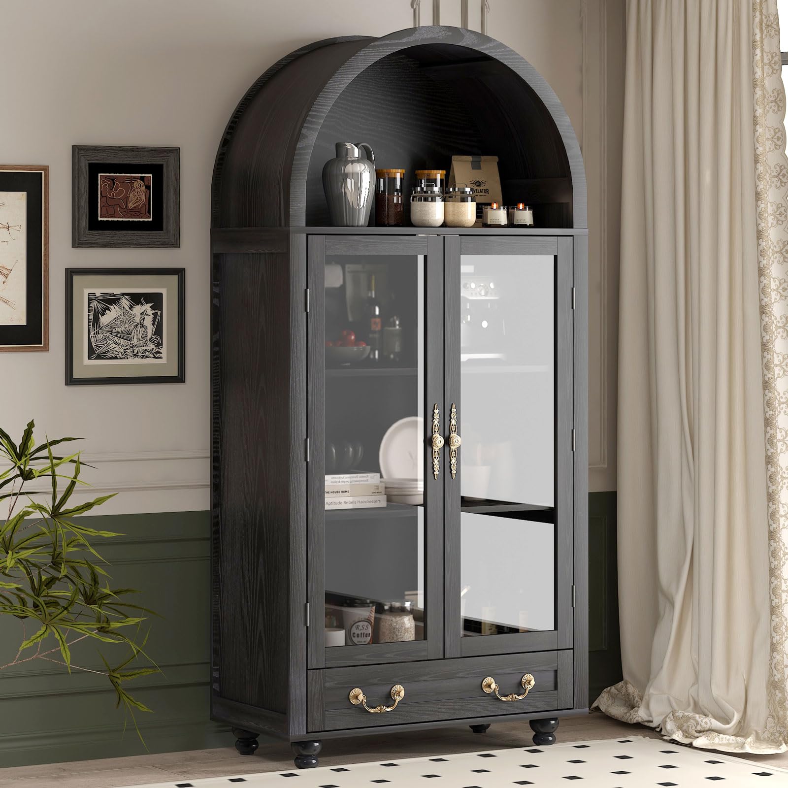 Vitrina de madera con puertas de cristal y parte superior en forma de arco, amplio espacio de almacenamiento para libros, platos y más, acabado negro resistente con asas doradas, 31 pulgadas