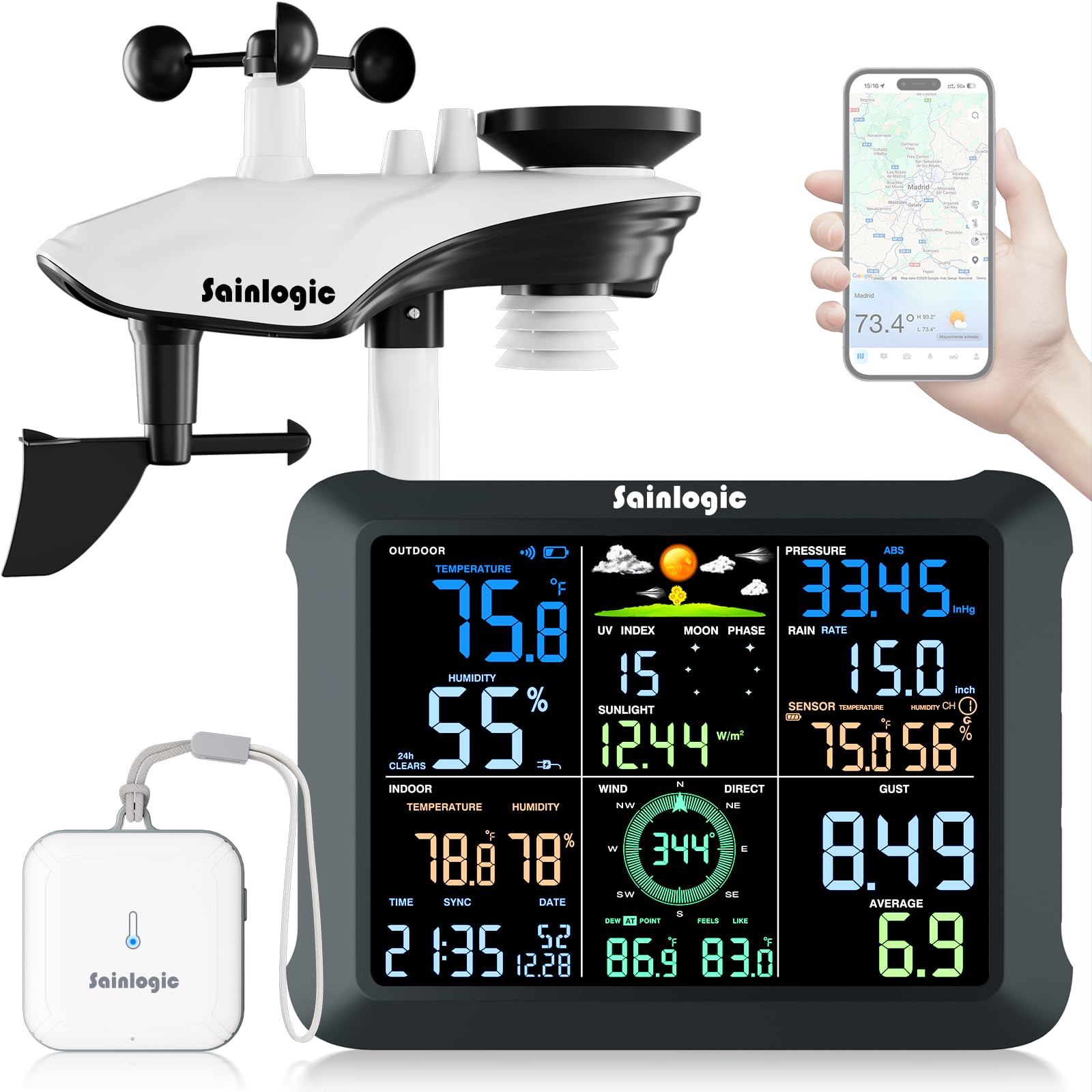Sainlogic Estación Meteorológica WLAN, Sensor Inalámbrico Interior/Exterior, Pronóstico Meteorológico 24/7 con IA Weatherseed®, Sensor UV, Alertas y Exportación de Datos de 2 Años (Solo 2.4GHz) white