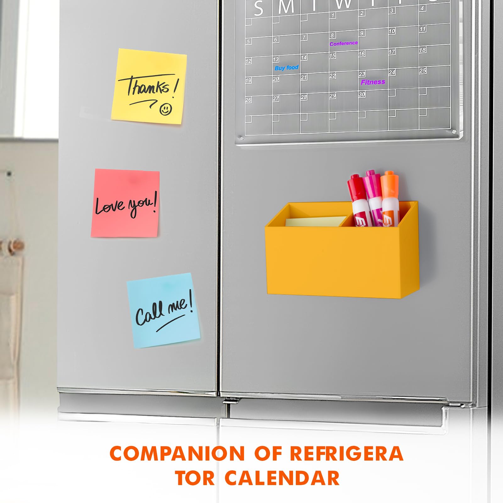 BEYGORM - Soporte magnético acrílico antideslizante para rotuladores de pizarra blanca, organizador de lápices y bolígrafos con imán para frigorífico, taquilla o escritorio, vaso para lápices, naranja