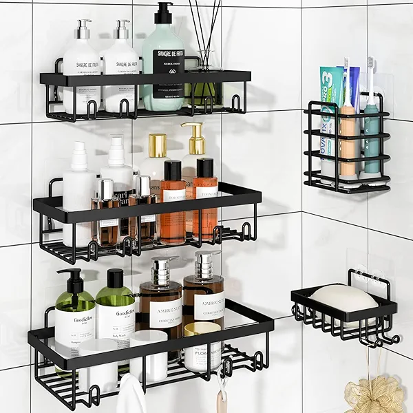 Liuoud 5 Pack Shower Caddy Organizer Rack Shelf for Inside Shower, Adhesive Bathroom Wall Storage Basket Rustproof Stainless Steel Shampoo Holder, Bathroom Accessory Decor Set, Black