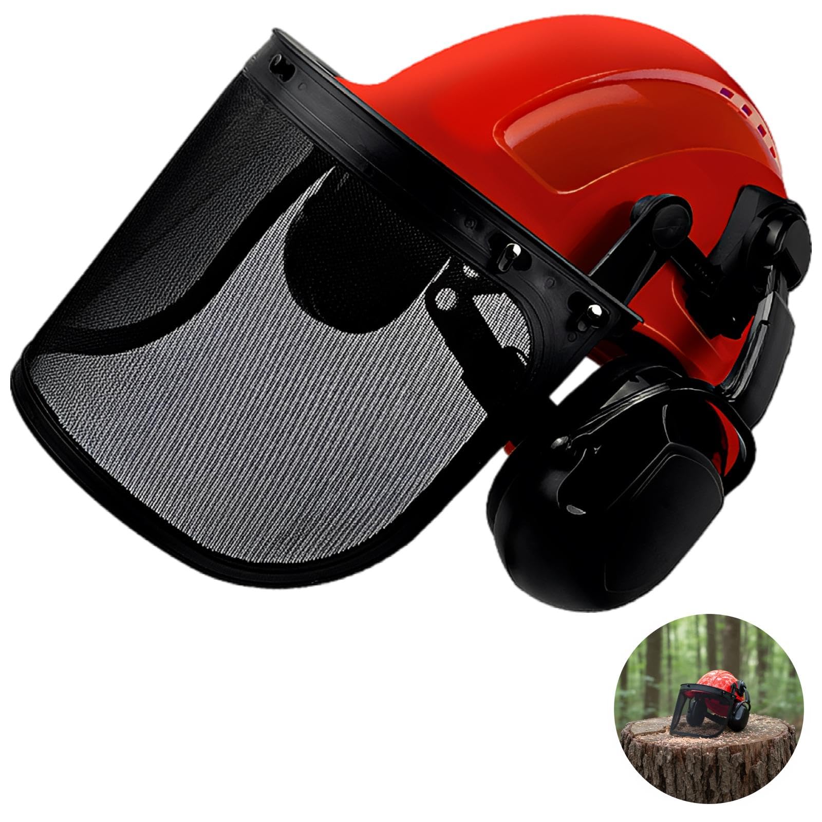 Kettensägenhelm mit Gesichtsschutz und Ohrschützern, Industrieschutzhelm für Forst und Holzfällarbeiten, verstellbar 20,8-24,8 Zoll, mit Gittervisier und SNR 30 dB Lärmschutz