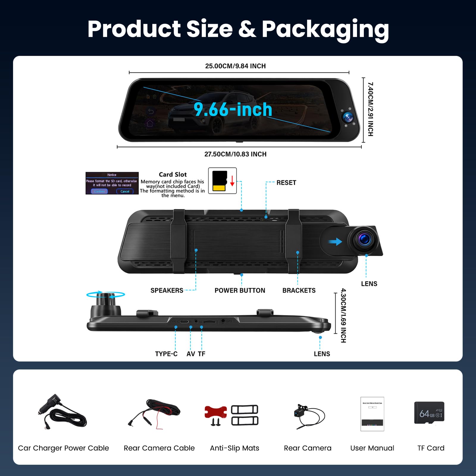 Specchio Retrovisore Auto 10 pollici Touchscreen, Posteriore e anteriore 2K Mirror Dash Cam Specchietto Retrovisore con Scheda 64 GB, Visione notturna grandangolare 150°, ADAS/GPS/G-Sensore