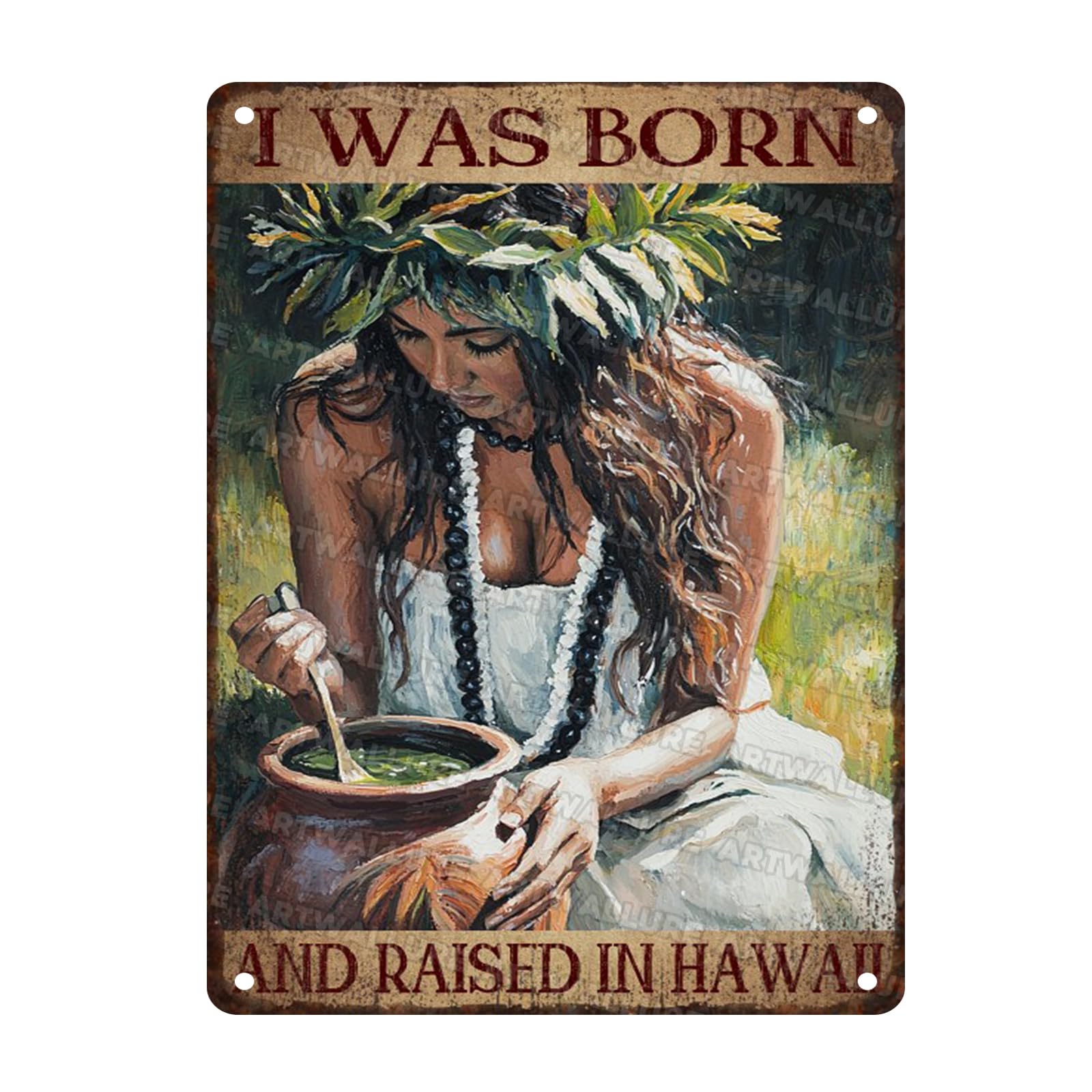 Vintage Metal Tin Sign Hawaii Wall Decor Rustic Retro Island Theme I Was Born and Raised in Hawaii Quote 12x16inch