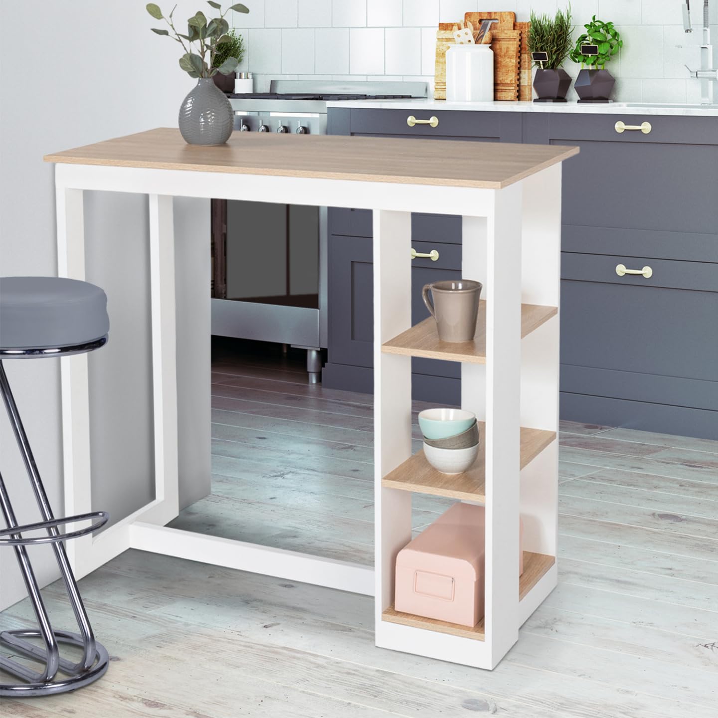 IDMarket - Table de Bar Barth 2 à 4 Personnes ajourée Bois Blanc et Plateau façon hêtre