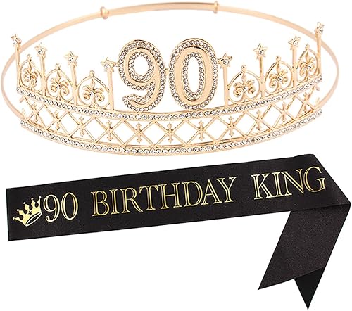 BRT Bearingshui Banda y tiara de cumpleaños 90 para hombres, corona de cumpleaños de oro 90, banda King para hombres, regalos de cumpleaños 90 para
