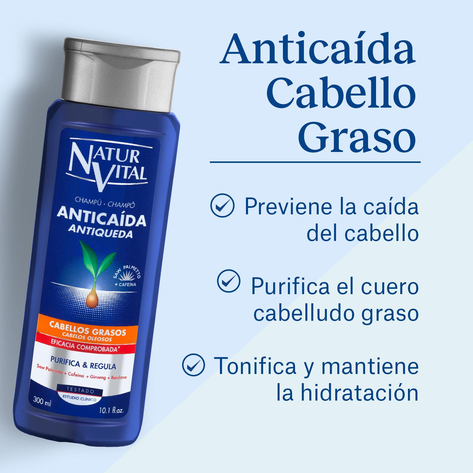 NaturVital - Champú Anticaída para Pelo Graso, Sin Parabenos ni Siliconas, Previene la Caída del Cabello, Champú Natural Fortificante, para Hombres y Mujeres, 300ml