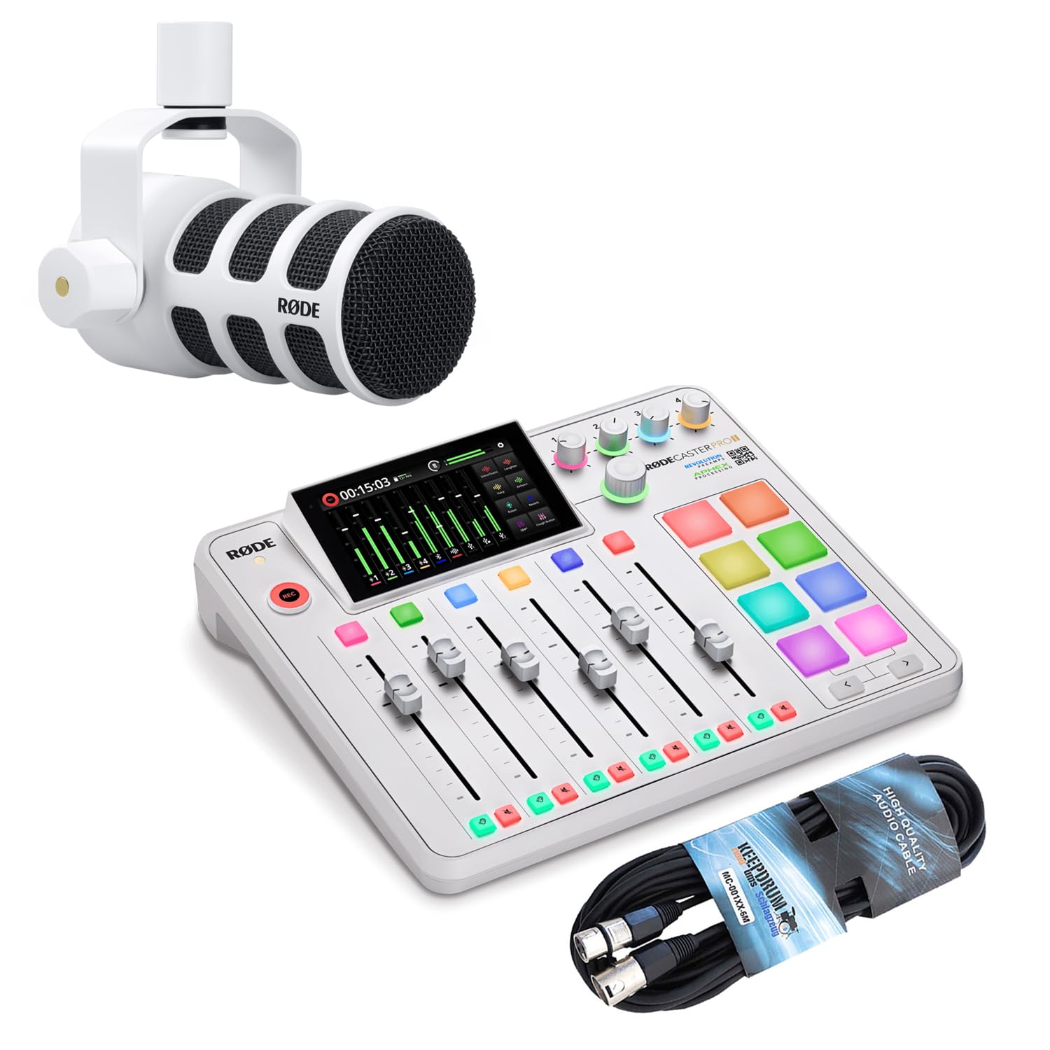 Rode Rodecaster Pro II Audio Production Studio Podcast Station Weiss + Rode Podmic Weiss Mikrofon + keepdrum XLR-Kabel