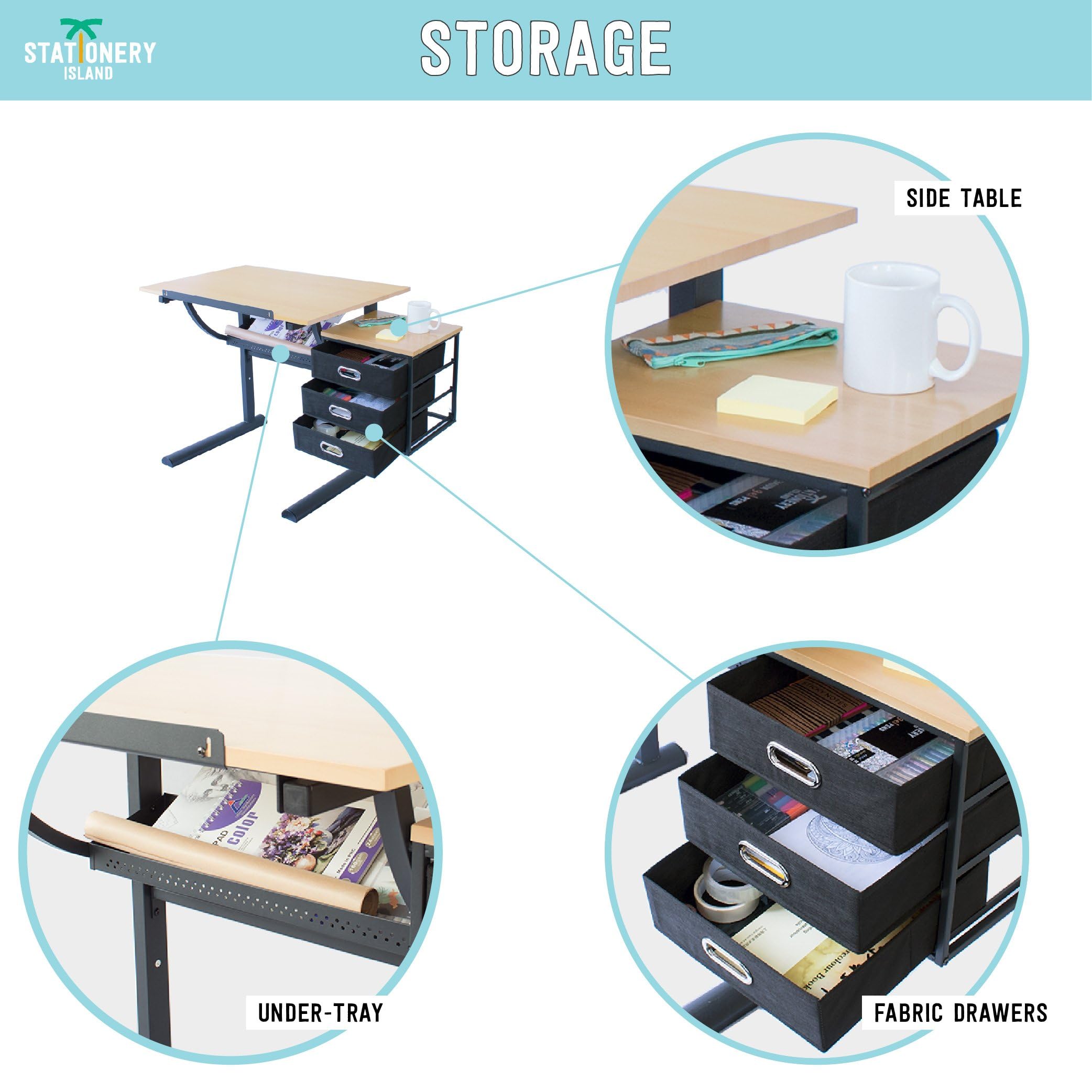 STATIONERY ISLAND Caye Table à Dessin pour l'art et l'Artisanat – Bureau à Dessin Inclinable avec Rangement, Tabouret et Pinces