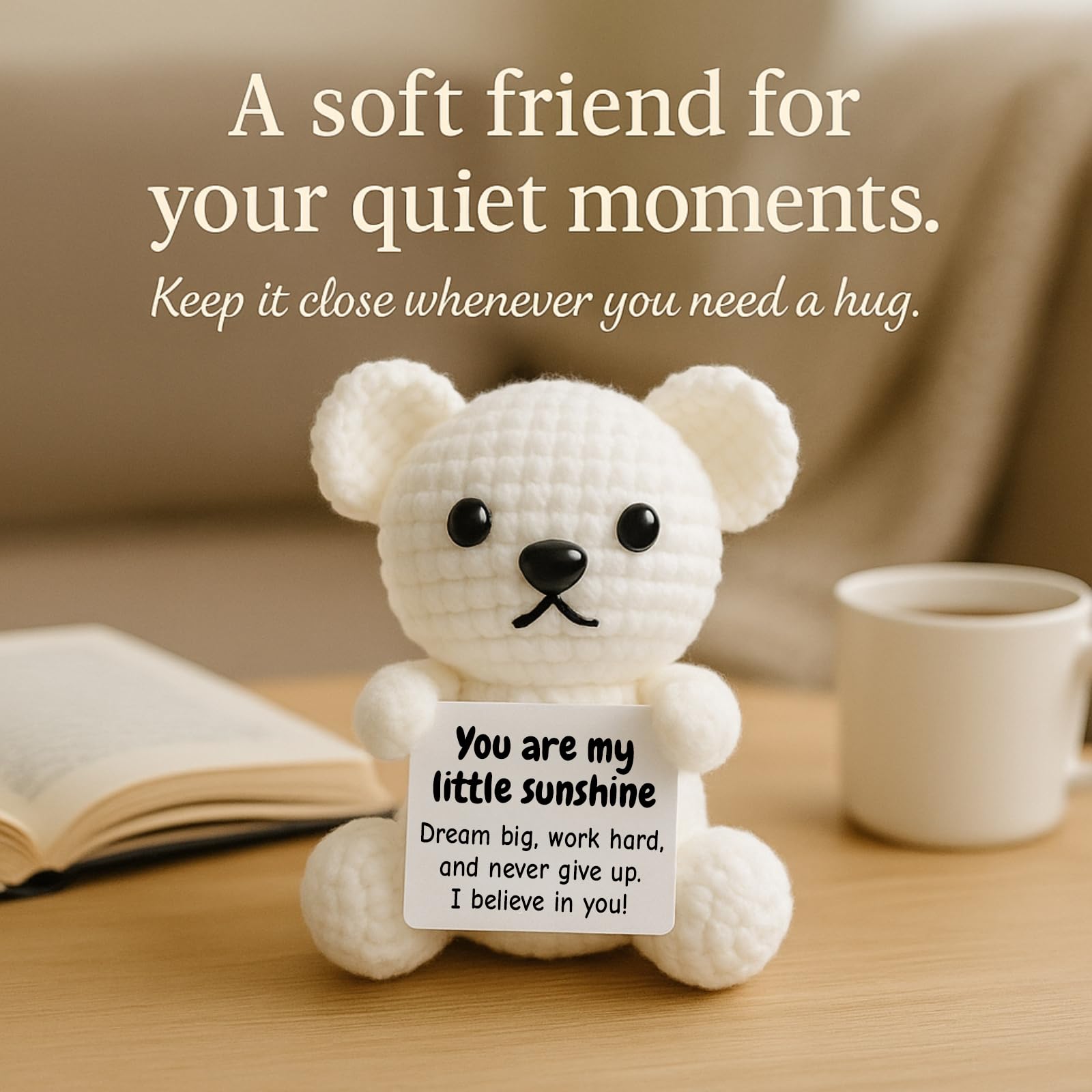 DEYBA Handmade Crochet Bear with Inspirational Message Card – Warmth Series – Thoughtful Encouragement for Friends, Kids & Loved Ones, Perfect for Holidays or Special Occasions