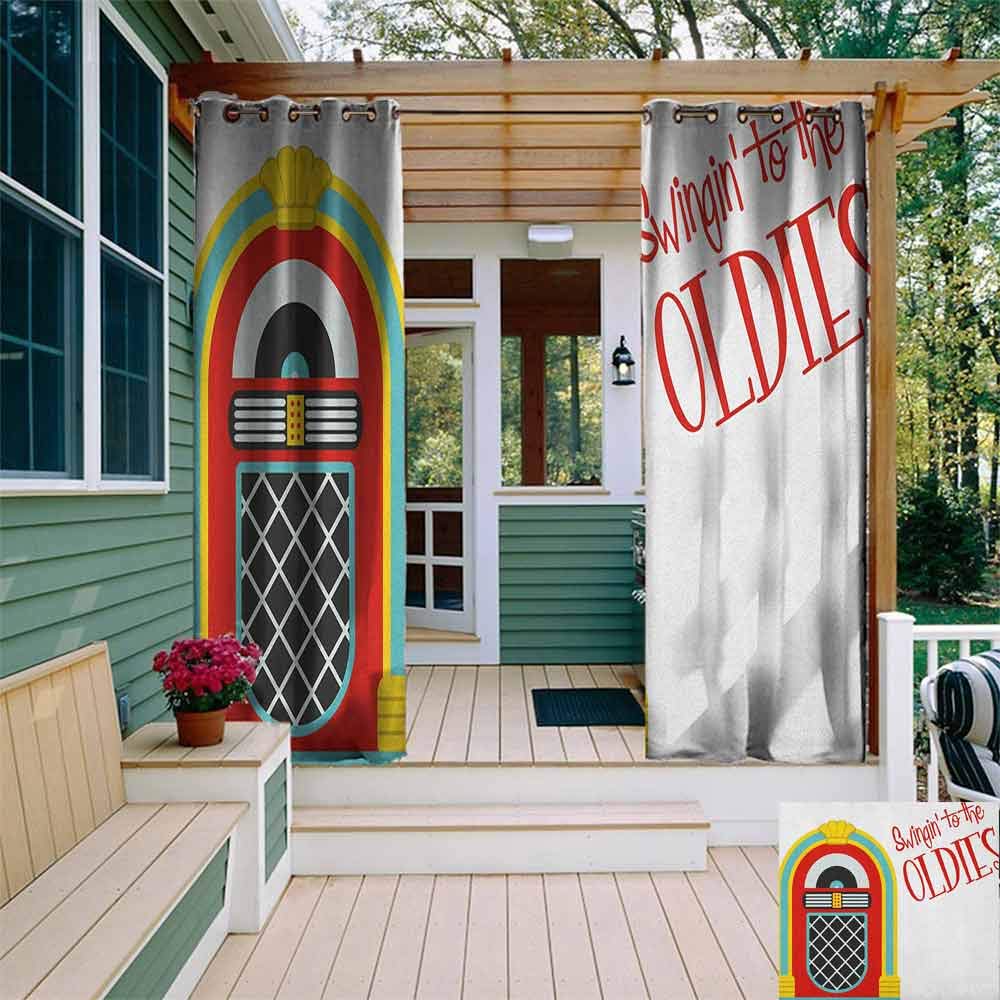 Sliding Door Curtain Jukebox Jazz Age Vintage Party Theme Music Raido Box with Quote Art Print Simple Stylish W108"x L96" Red Sky Blue and Yellow