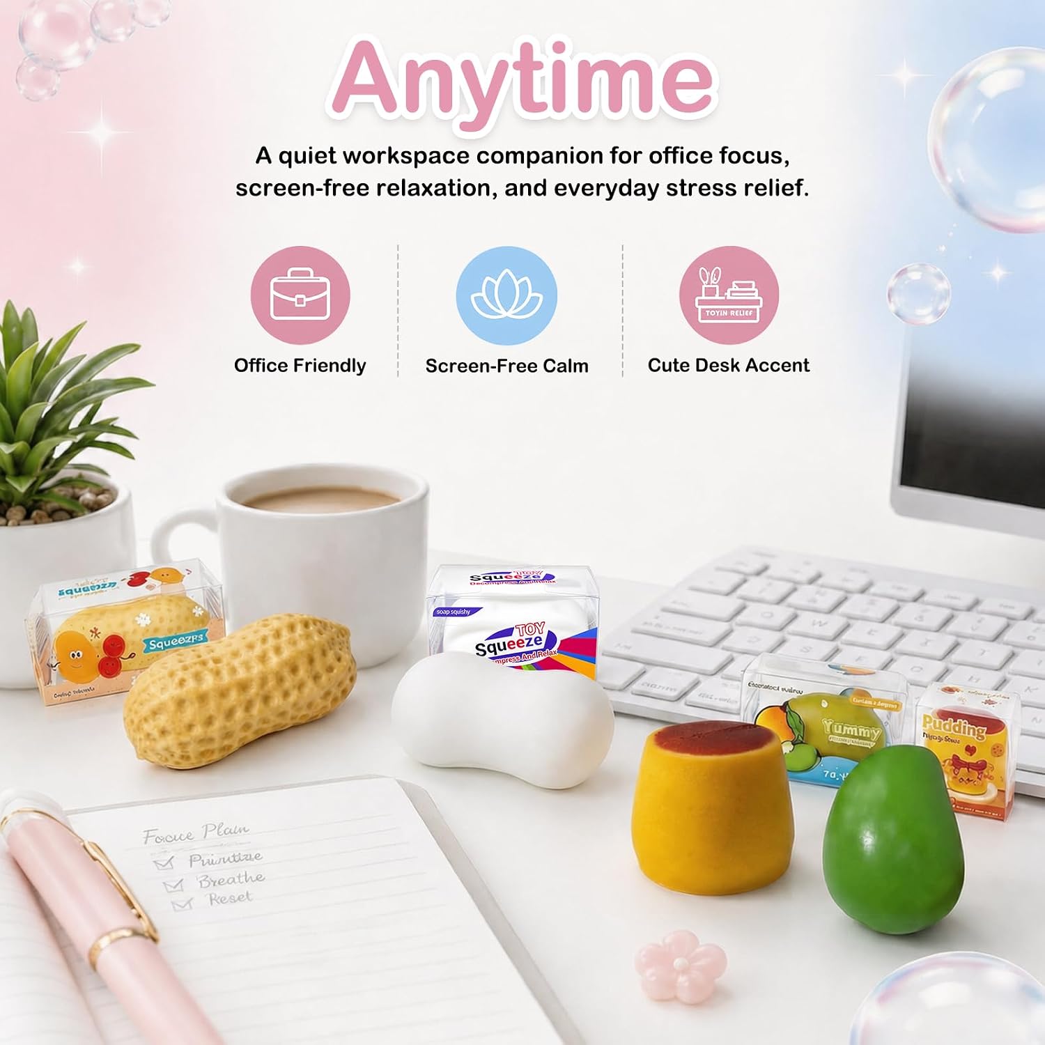 4 Pack Crunchy Squishy Stress Ball, Mango Pudding Peanut & Soap Block Flake Filled ASMR Fidget, Moldable Sensory Squeeze Gift with Premium Box, Party Favors & Gifts
