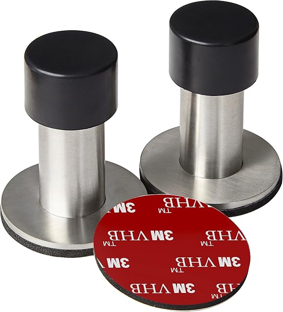 ESG 2 PCs Adhesive Mounted Stainless Steel Door Stop with Sound Dampening Bumper Top for Doors, 6cm