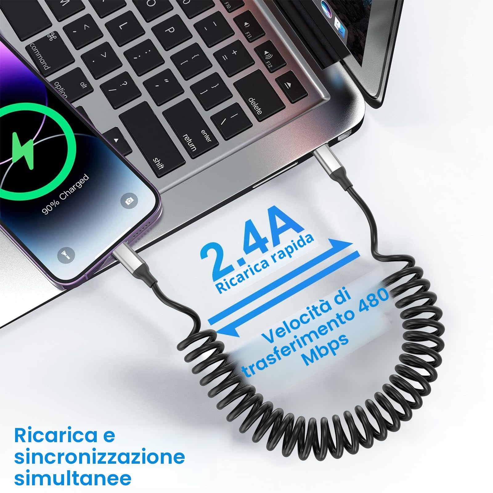 Acecene Cavo a spirale da USB C a Lightning [2 pezzi], MFi Certified Carplay cavo di ricarica iPhone corto, 2.4A USB C a Lightning per iPhone 14 13 12 11 Pro Max X XS XR 8 7 6 Plus SE – Nero