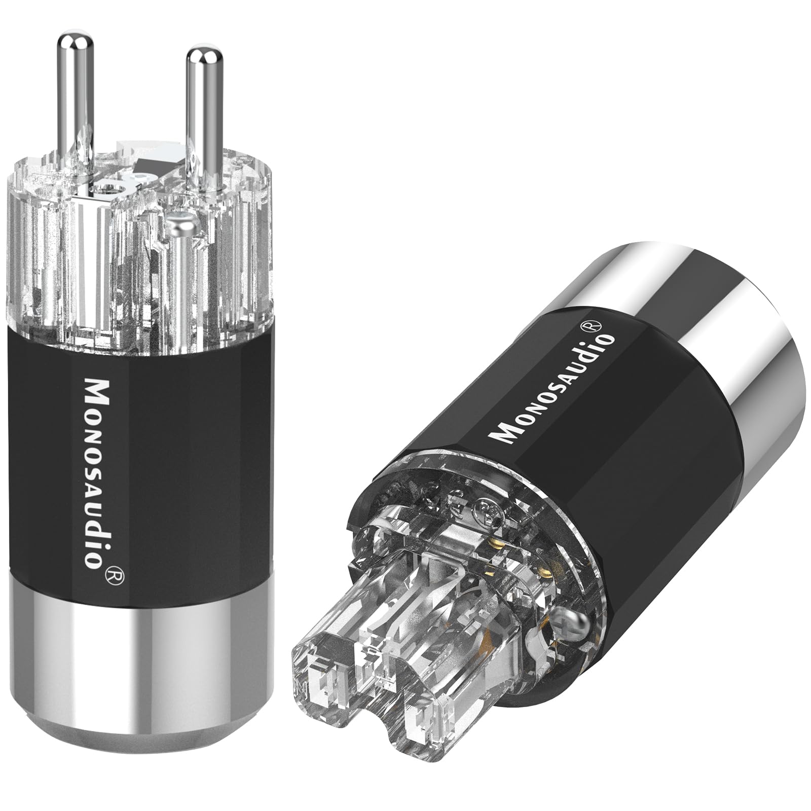 Monosaudio Paar HiFi Schukostecker & IEC C15 Anschluss High-End Kaltgeräte-Stecker Buchse Steckdose 16A 250V Audiophiler Netzstecker Kupplung Rhodiniert E109R/F109R