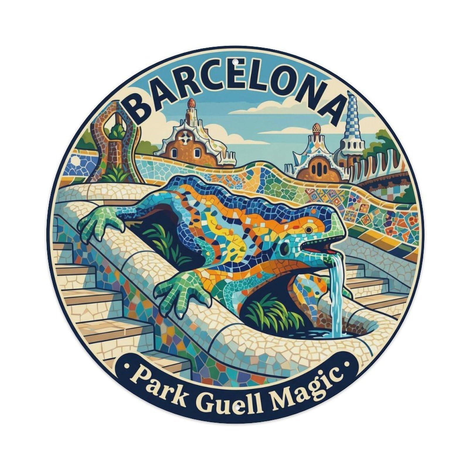 Catalan Barcelona Dragon Modernist Architecture Vintage Metal Tin Sign Plaque Wall Decor for Cafe, Man Cave, Club Bar, Office, Home Garden Round Metal Poster 8x8Inch