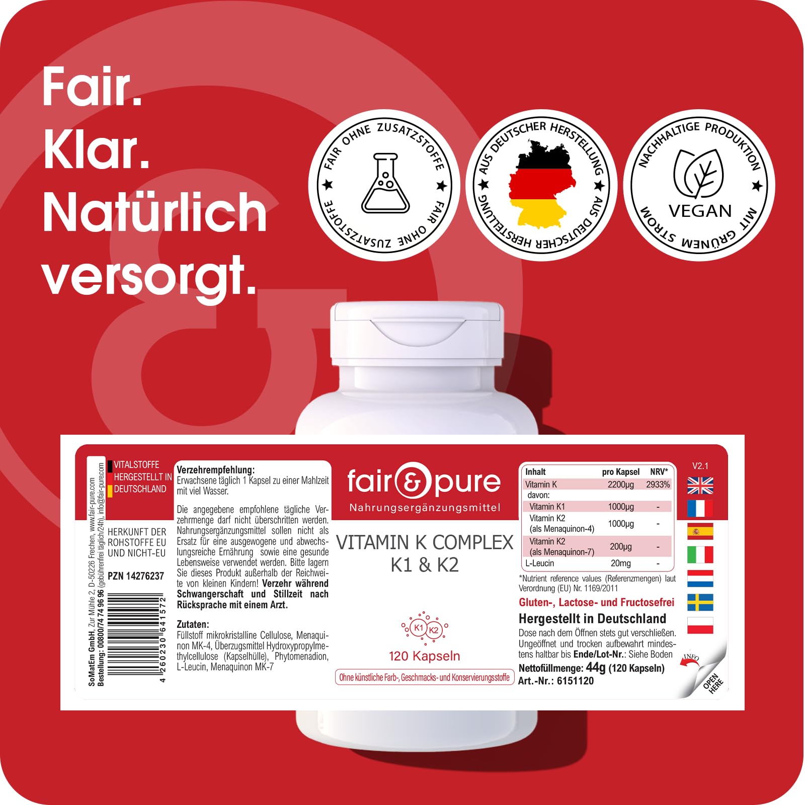 Fair & Pure Vitamin K Komplex K1 & K2, 120 Kapseln, schluckfreundlich, Nahrungsergänzungsmittel vegan ohne Magnesiumstearat, in Deutschland hergestellt