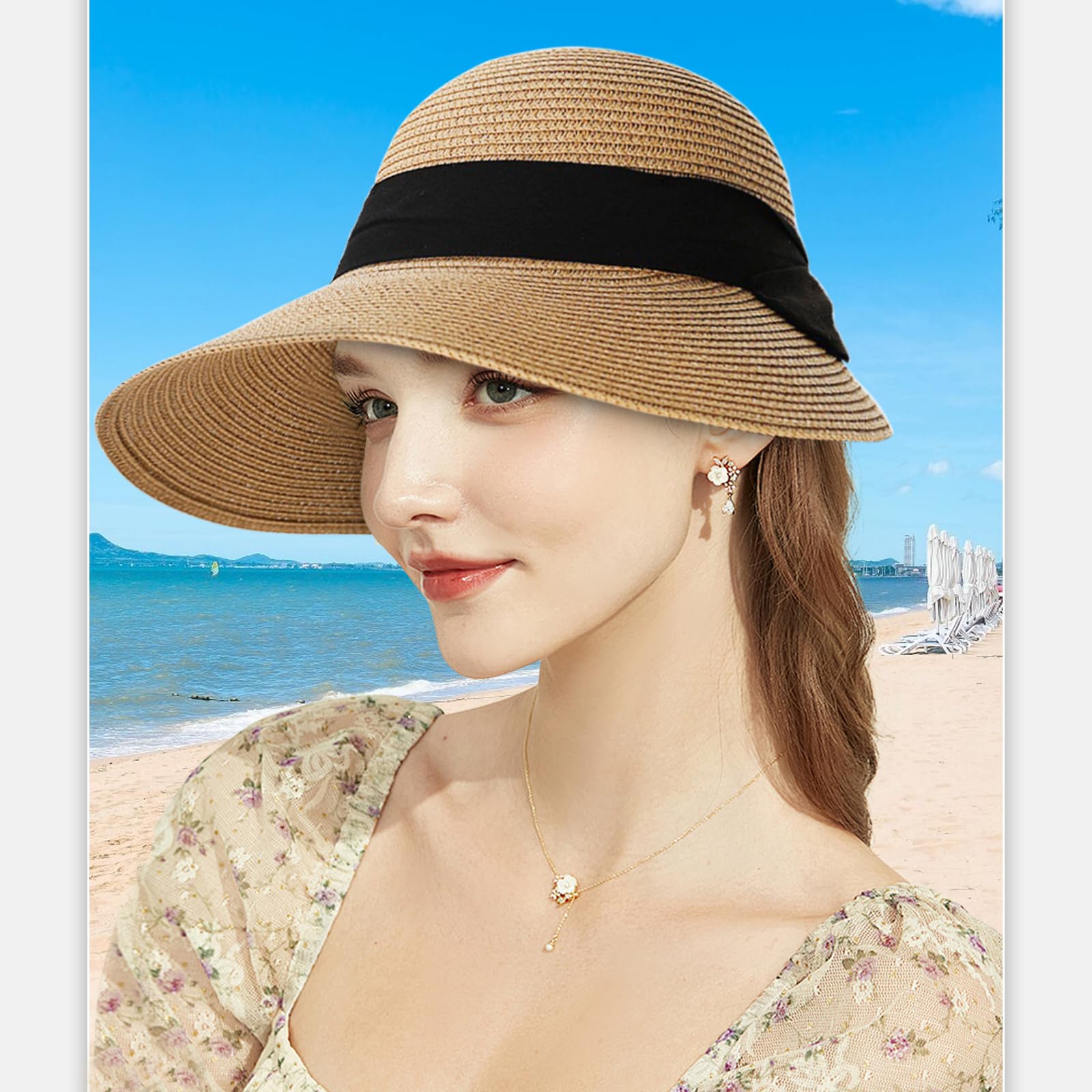 Sombrero de paja para mujer, protección UV, sombrero de paja con ala ancha, transpirable, sombrero de playa, sombrero de verano plegable para viajes y vacaciones