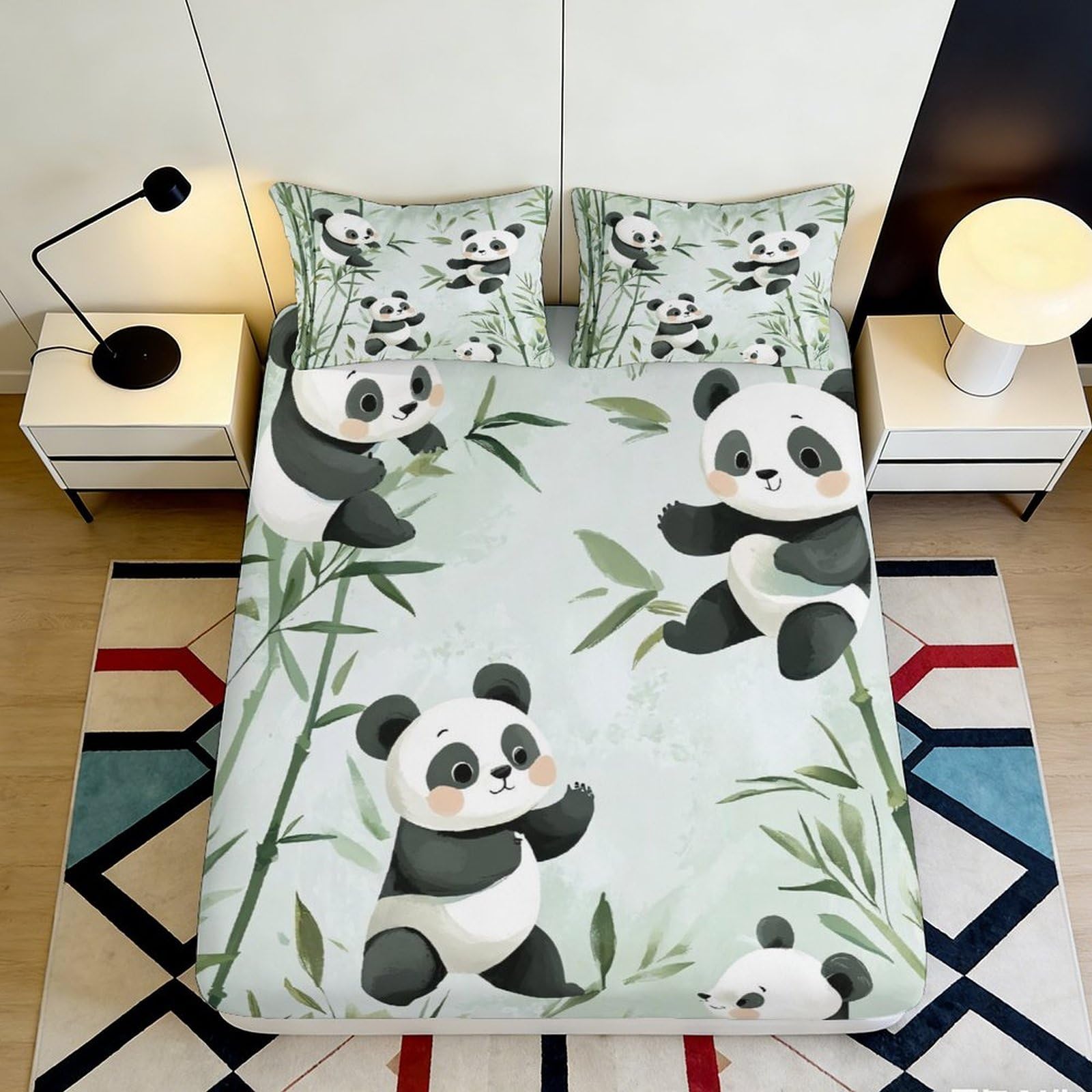 3D Printed Panda Bamboo Fitted Sheet Microfiber Deep Pocket Bedroom Bedding Set Panda Pattern Mattress Fitted Cover Non-Slip Washable for Adults 200x200x25cm