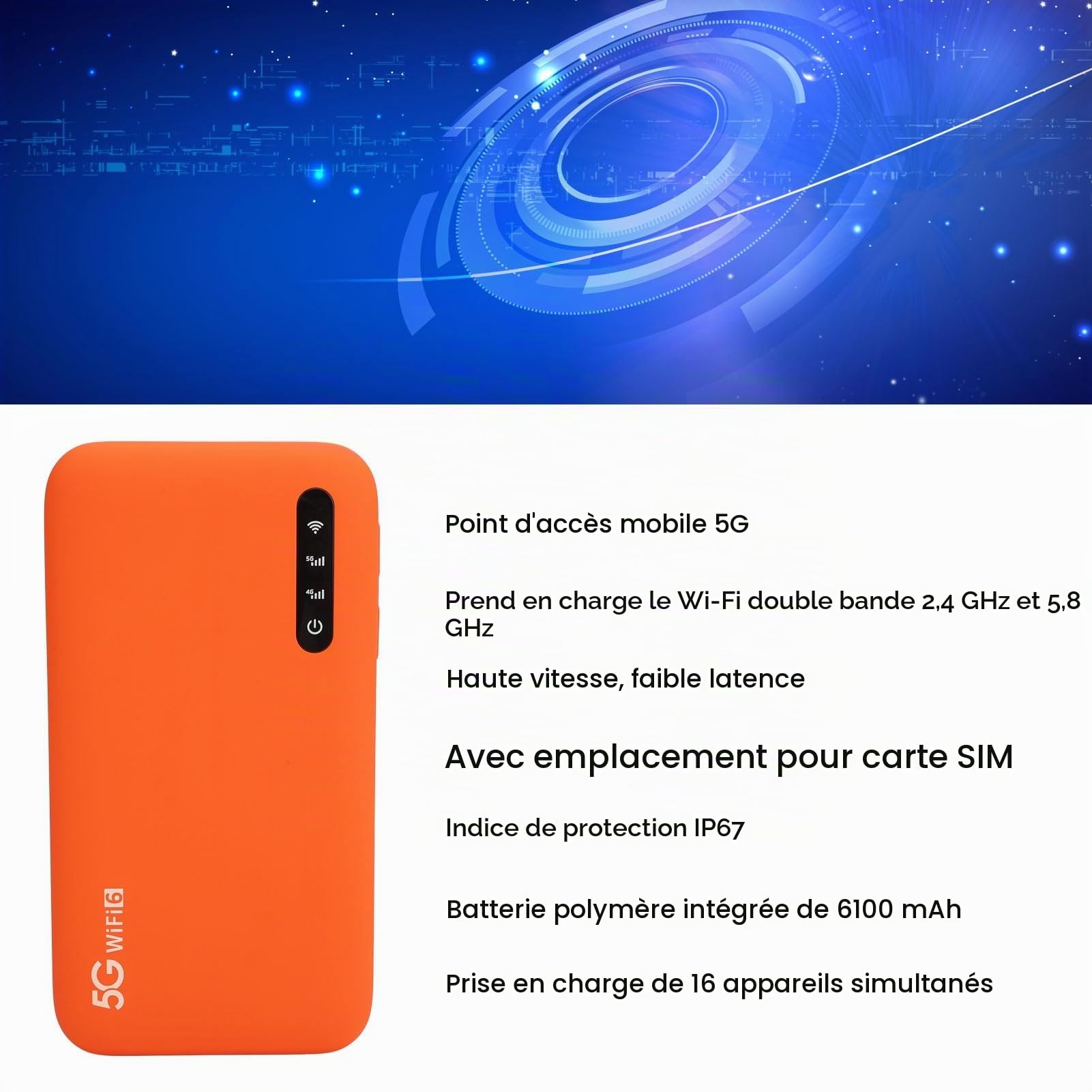 Bewinner Hotspot Mobile 5G, Routeur Portable WiFi6 avec Vitesse de Téléchargement de 2,77 Gbit/s, Batterie de 6 100 MAh, étanche IP67, pour Les Professionnels et Une Utilisation en Extérieur