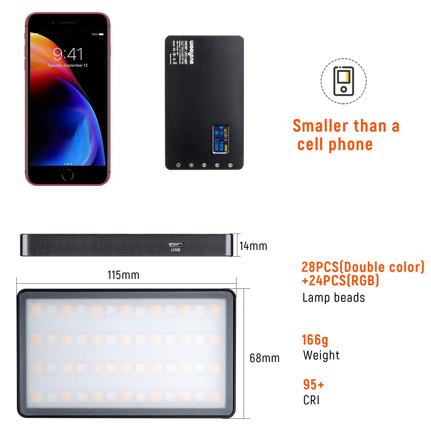 VILTROX Weeylite RB08P RVB LED Vidéo Lumière Réglable Bi-Couleur 2500K ~ 8500K Caméra Éclairage pour DSLR Studio Photographie
